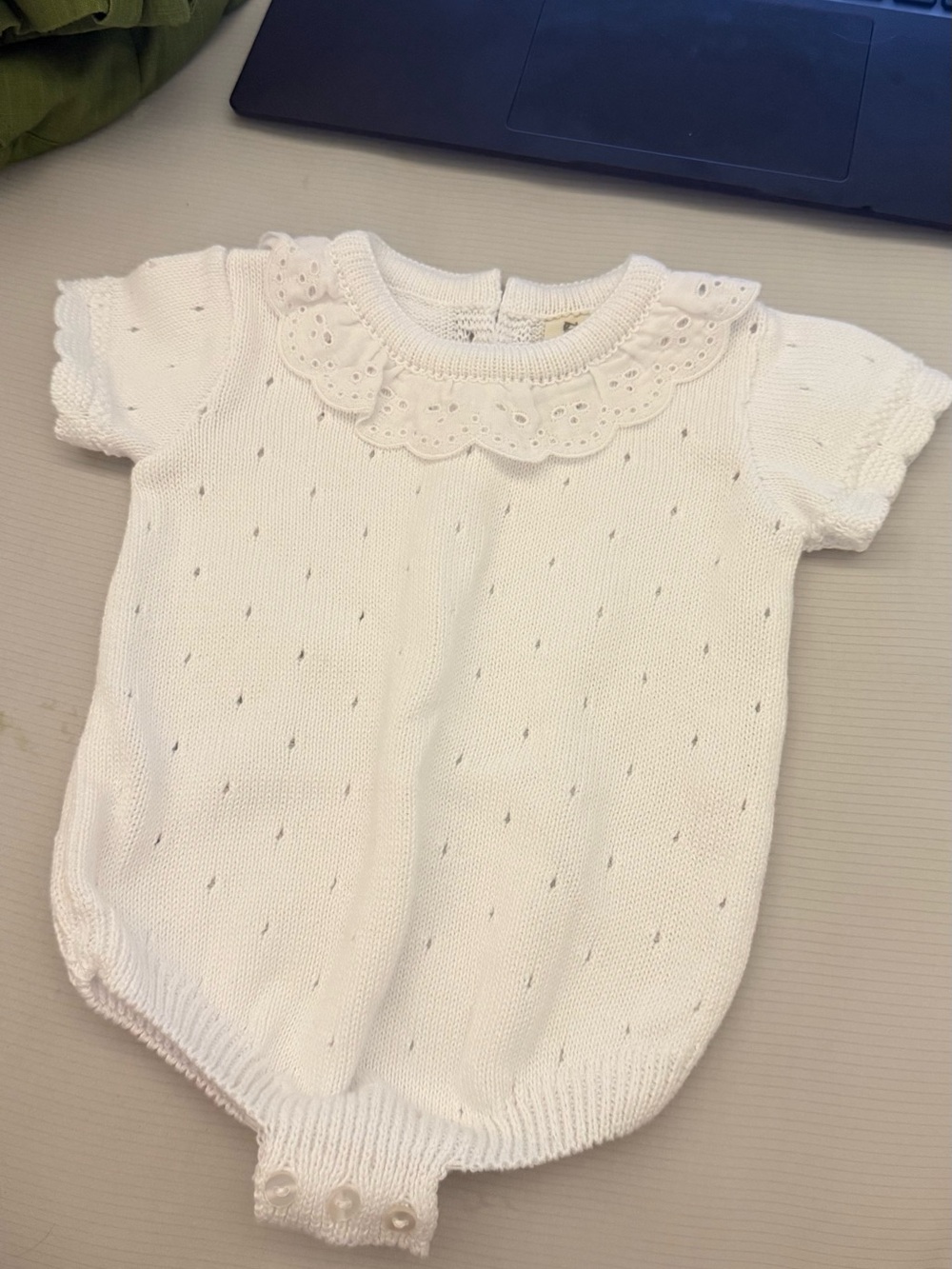 Doña Carmen White Knit Baby One-Piece with Eyelet Collar